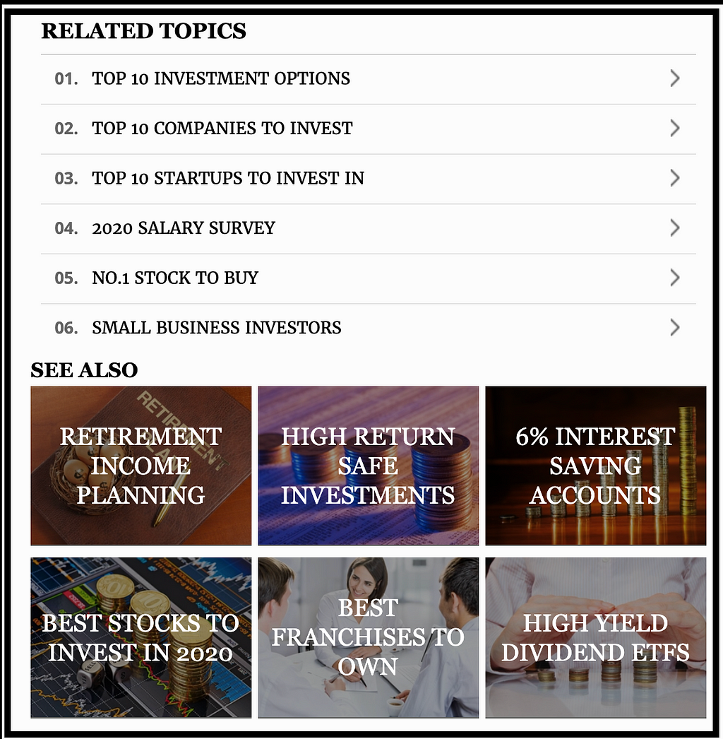 A section at the end of a Forbes article which shows six different articles, all related to eachother.