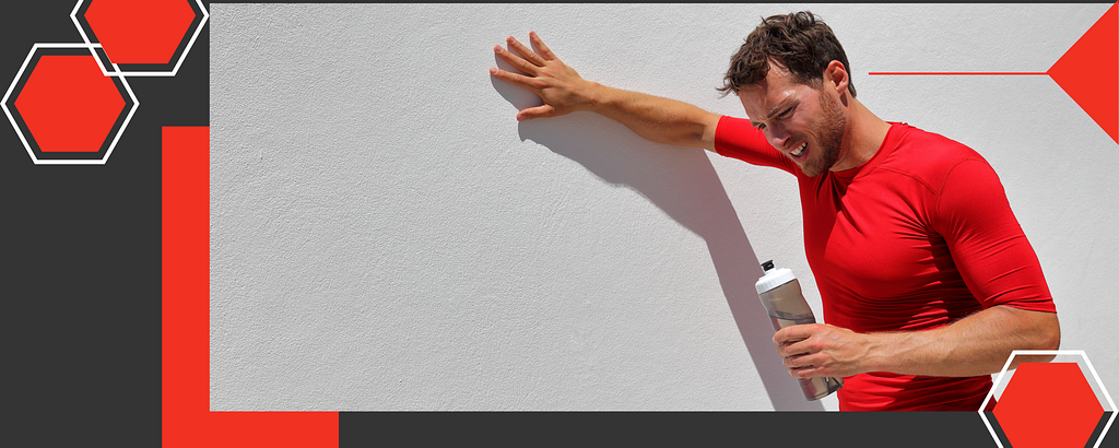 A fitness man in a red long-sleeve shirt is holding a water bottle while taking a break from running. A design on Canva edited by the author.