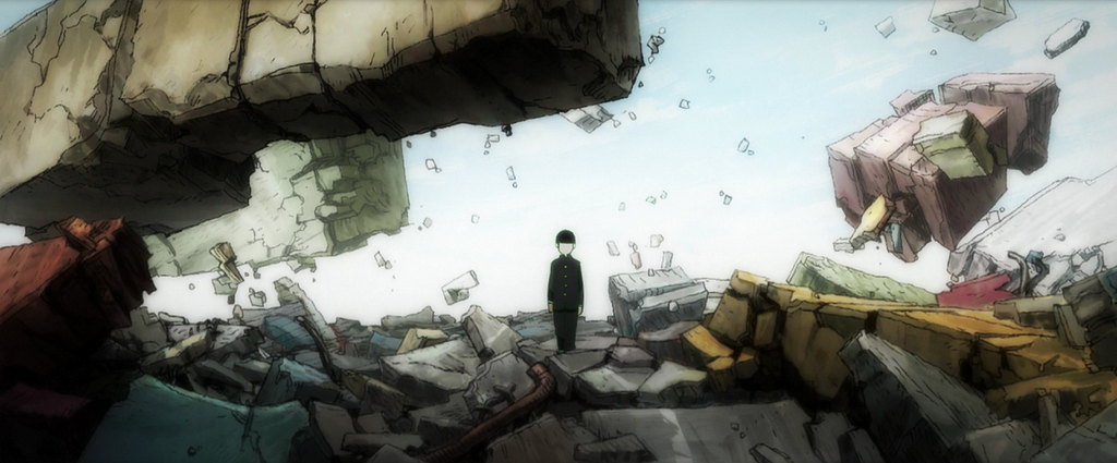 A boy walks towards the viewer amid the ruins of a city. Giant blocks of concrete and remnants of crushed buildings float in his wake.