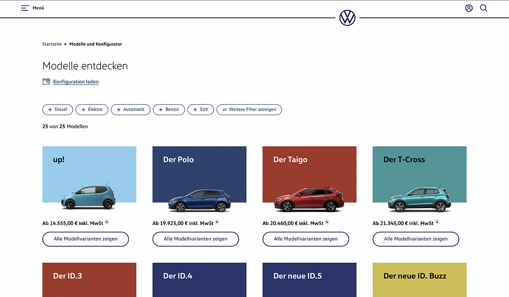 Screenshot der volkswagen.de Modellübersicht: Ein paar Filter werden direkt angezeigt. Die Fahrzeuge werden darunter als Baseballcards mit Preis angezeigt.