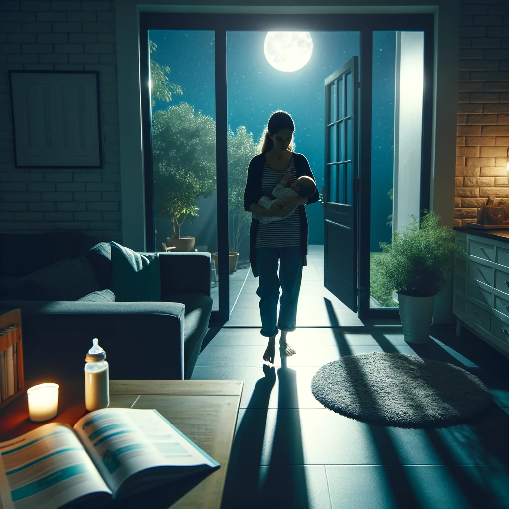 Mother soothing her infant during a night feeding, moonlit ambiance with a guidebook on sleep strategies nearby