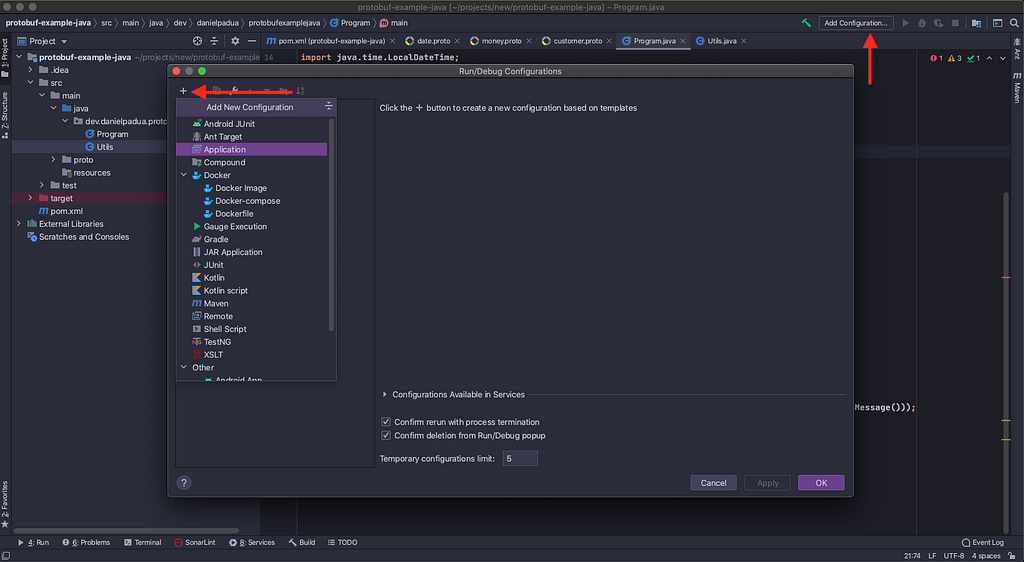 An image showing the dialog for create a run application configuration in IntelliJ IDEA