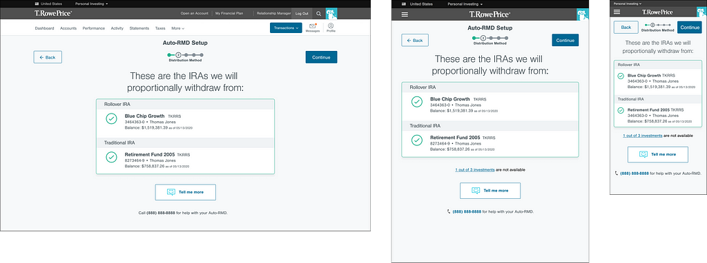 Screenshots of the second step of the Auto RMD experience, including desktop, tablet, and mobile experiences.