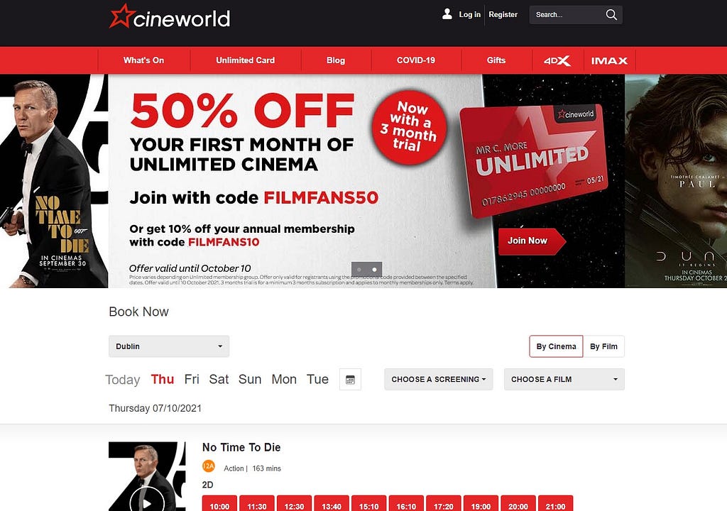 Screenshot of cineworld webpage