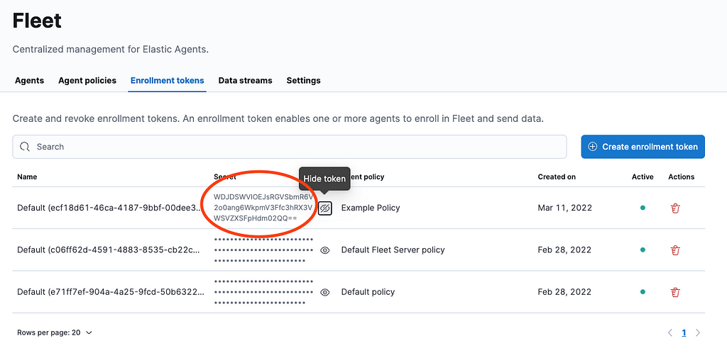 Screen capture of Kibana showing the Enrollment Tokens