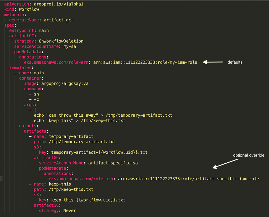 screenshot of Argo Workflows serviceaccount config