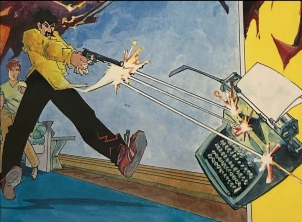 A vampire in an 80s outfit is firing a gun at a typewriter