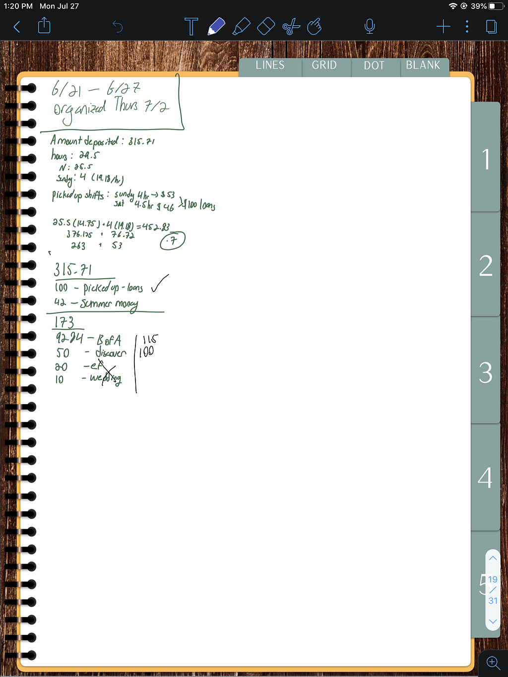 A screenshot of a digital notebook on an iPad that shows how the money is allocated.