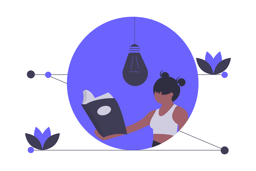 Simple illustration framed in a blue circle, of a woman under a hanging lightbulb, holding out an open book in one hand