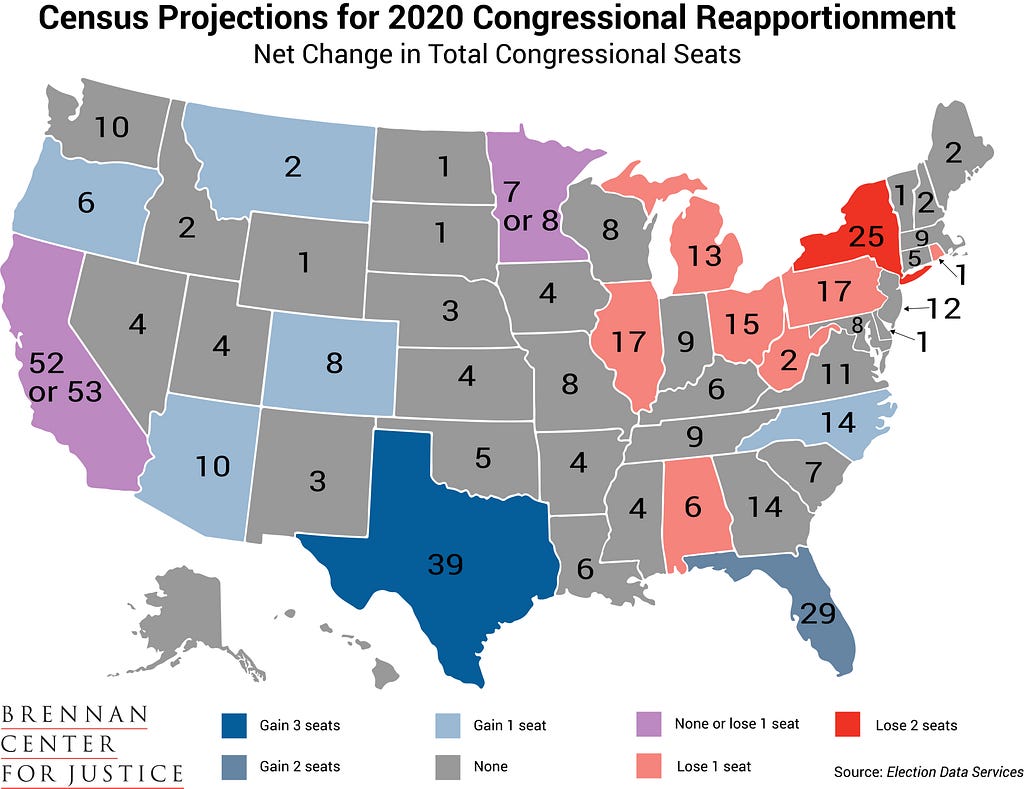 Map of the United States projecting the chnage in congressional seats for each state