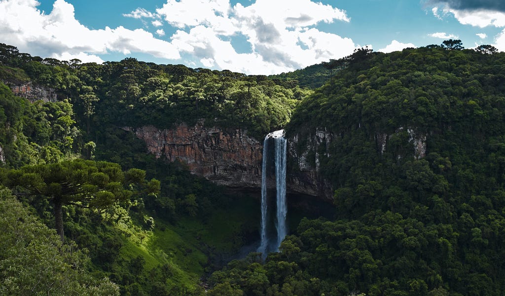 A waterfall in a beautiful rainforest with a cloudy sky in the background.