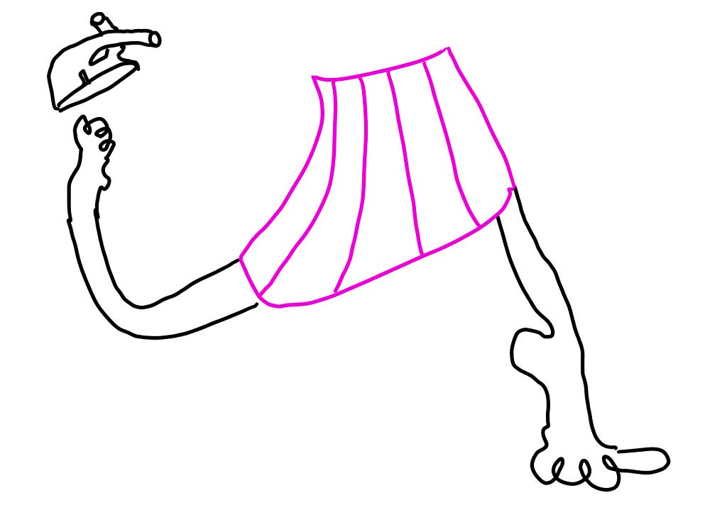 Doodle of the bottom half of a body in a pink skirt, with one leg and a large foot planted forward, and the other leg kicking back and flicking a pair of pants in the air.