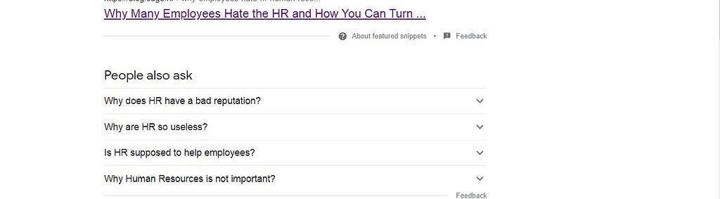 A picture of Google’s PAA showing a screenshot of negative questions people ask about HR