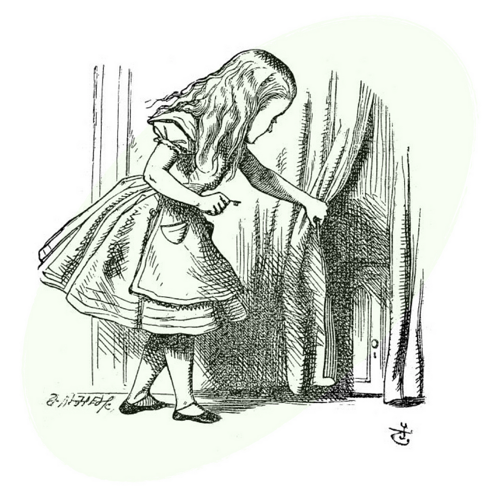 Alice in Wonderland Illustration: Alice finds a tiny door behind the curtain