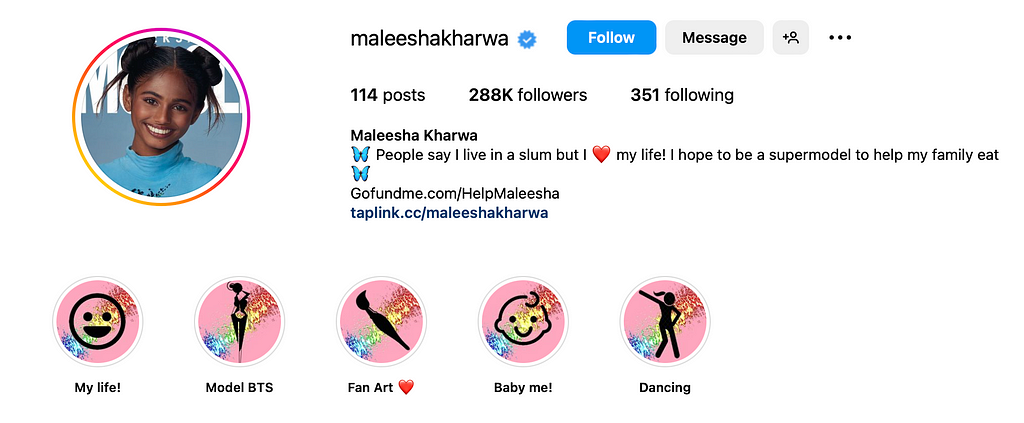 Screenshot of Maleesha Kharwa’s Instagram Profile Page