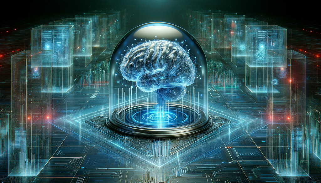 Digital artwork of a futuristic AI environment, featuring a shielded AI brain within a transparent dome, encircled by digital data streams and protective barriers, symbolizing robust AI security. The background has a high-tech, cybernetic look in shades of blue and cyan.