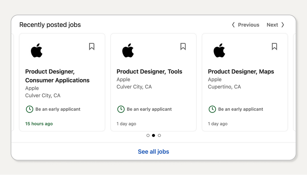 screenshot of Apple job postings on LinkedIn