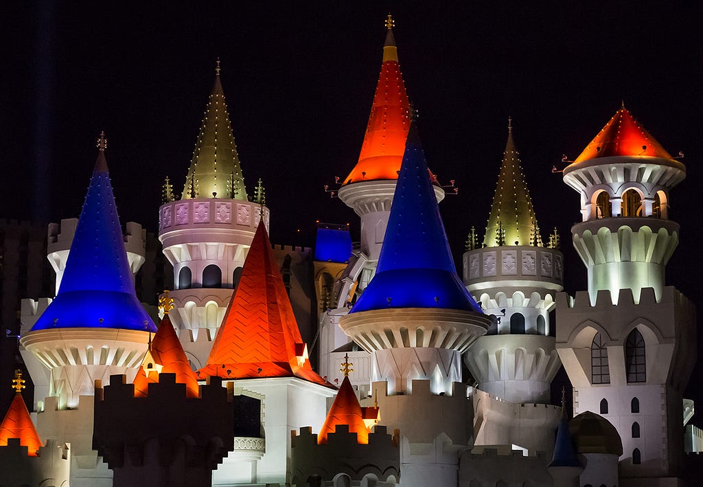Nighttime shot of the Excalibur Hotel and Casino’s Turrets