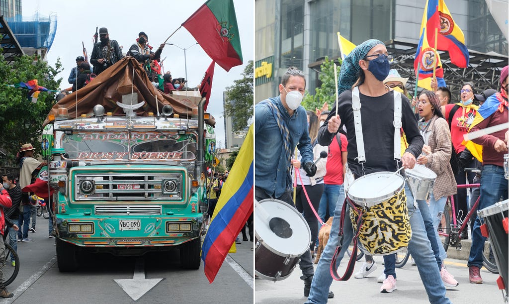 Left: Members of the Minga Indigenous group arrive to the protests on a ‘chiva bus’, in Bogota, on Tuesday. Right: Members of a drum troupe play during a protest march near the Bogota city centre. Photos: Abigail Geiger