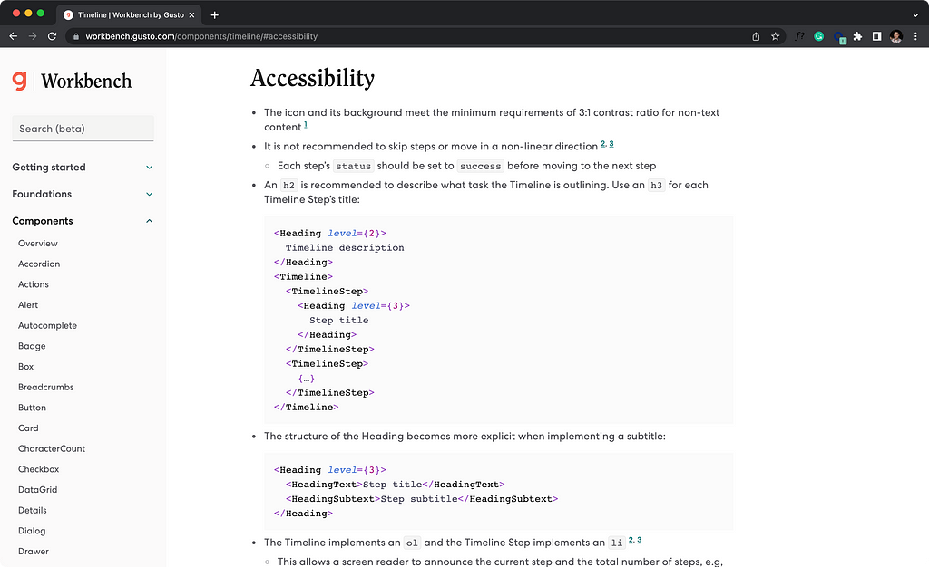 The accessibility section of the Timeline documentation inside of the Workbench website