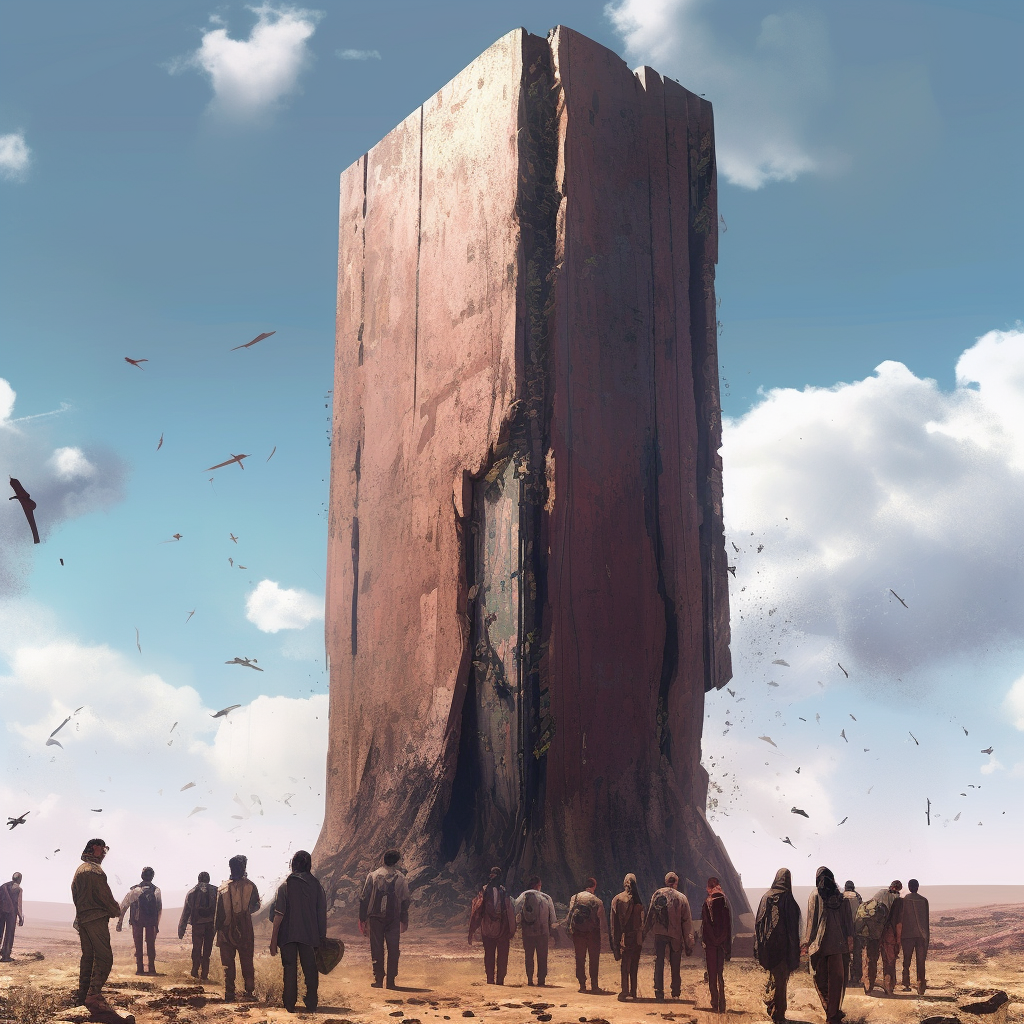 Midjourney: A massive tall decrepit monolith surrounded by people looking upwards at it