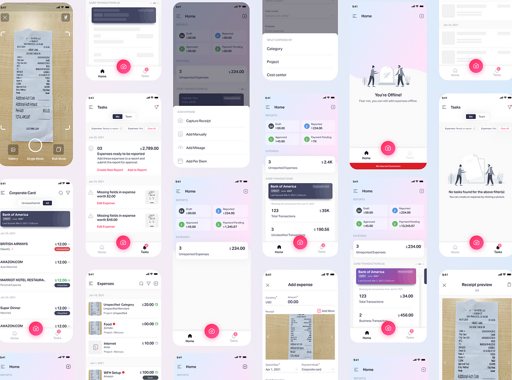 Collection of app screens from Fyle mobile app