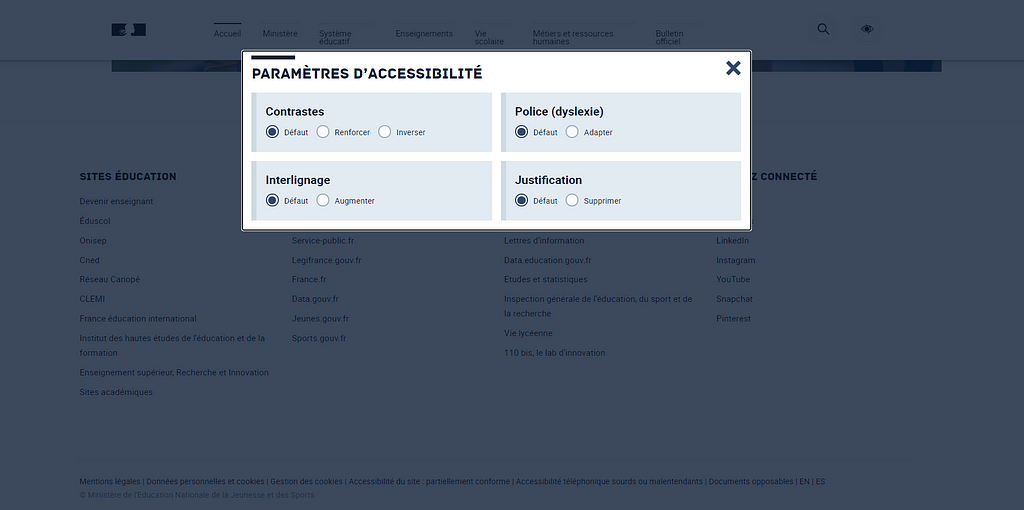 Screenshot of the accessibily options on the French Ministry Education