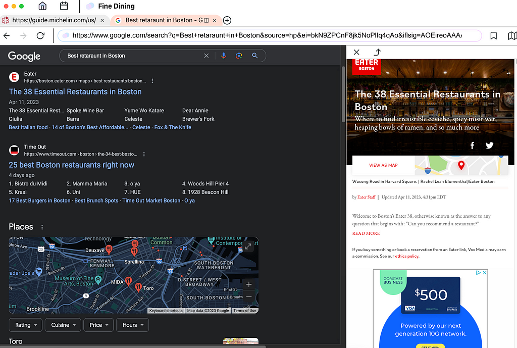 Two browsers opened in split-view where each occupies half the screen. Left browser shows Google search results for best restaurants in Boston. While right side shows, Eater article about said restaurants