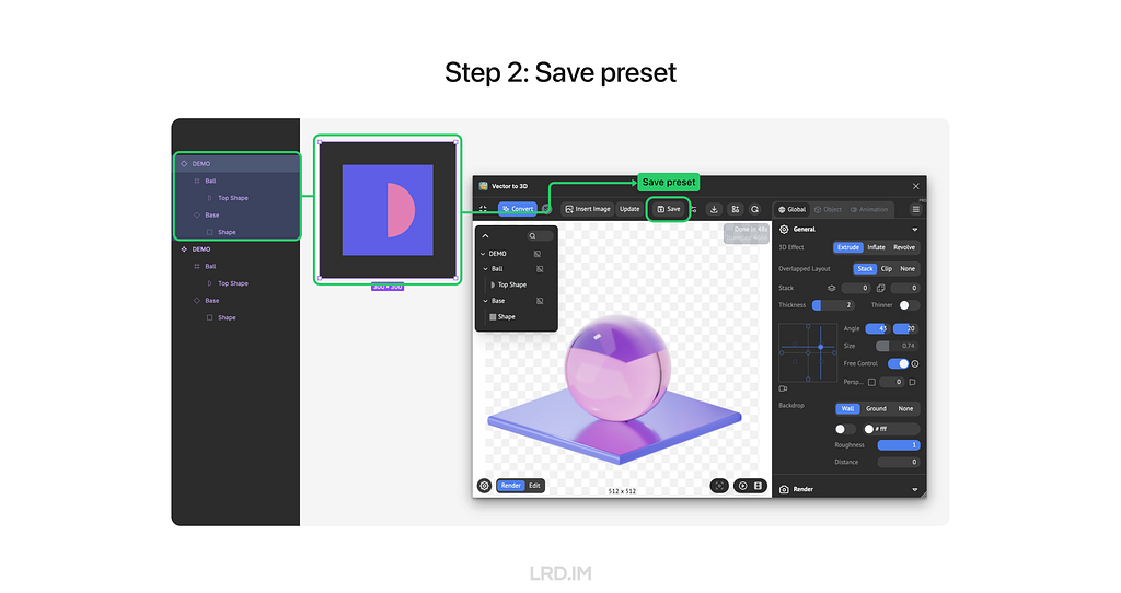 A screenshot of saving 3D configurations in Figma, with the left side showing a blue rectangle component with a pink semi-circle, and the right side showing a 3D sphere and rectangular base generated using the ‘Vector to 3D’ plugin.