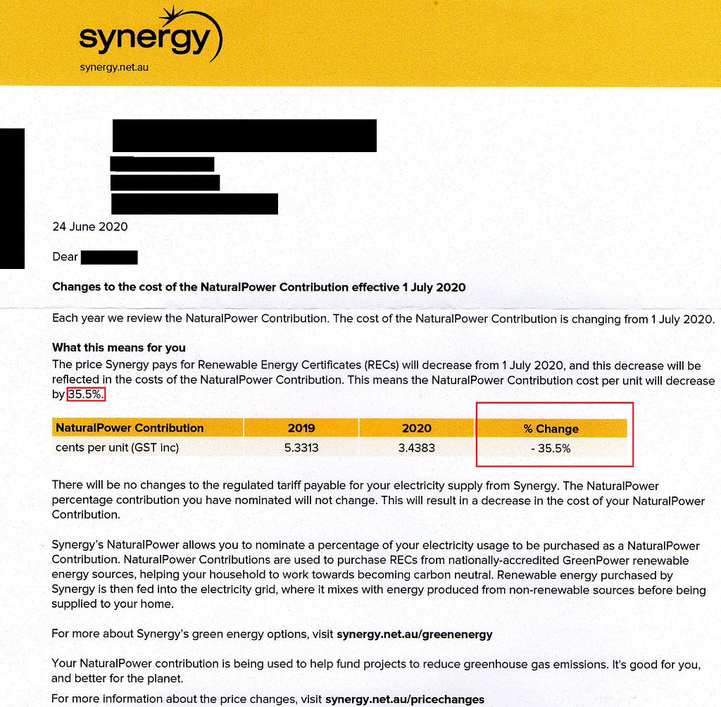 ‘Synergy’ electricity rate notice showing a reduction of 35.5% in Natural Power contributions due to a reduced REC price