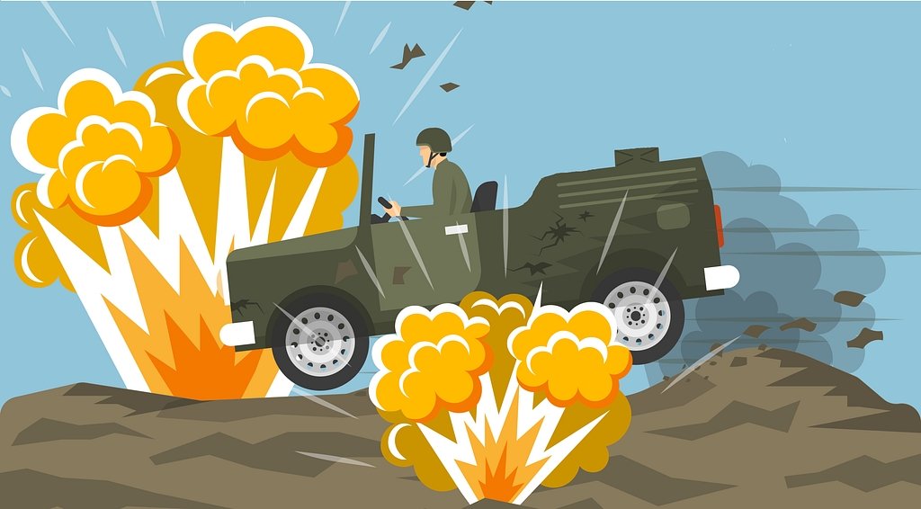 [🎨] A military jeep driving through a minefield, symbolizing pitfalls.