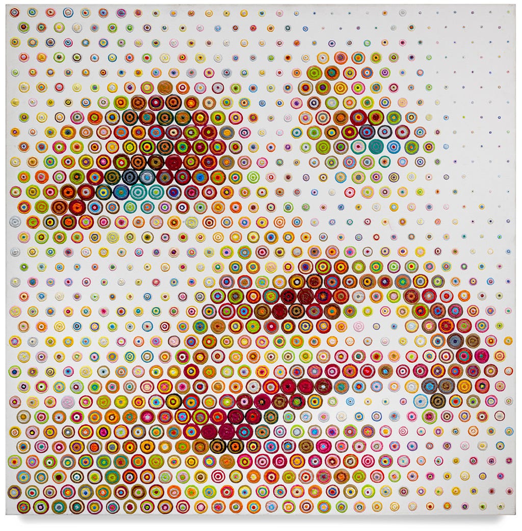 Painting of circles that form a face from a distance by Gavin Rain.