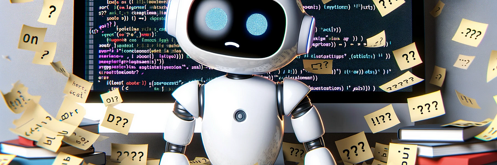 A robot with a puzzled look on its face with sticky notes falling from above with question marks on them. There’s a screenshot of code behind the robot.