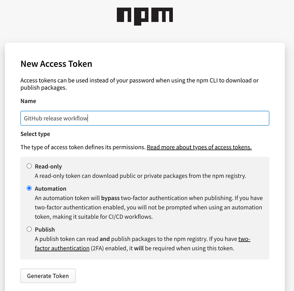 New access token page with Automation type selected.