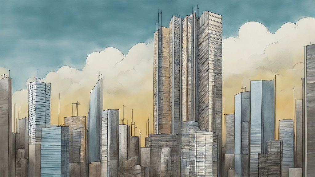 A painting of skyscrapers in the sky.