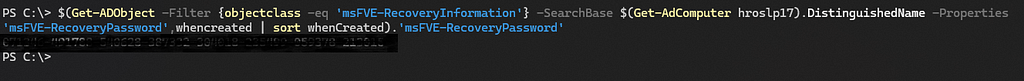 Screenshot of a Powershell one-line script extracting the BitLocker recovery password from Active Directory.