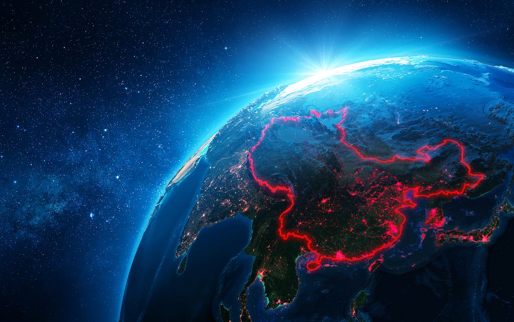 Earth from space with China highlighted in red. Photo by NASA and RomoloTavani/Getty Images