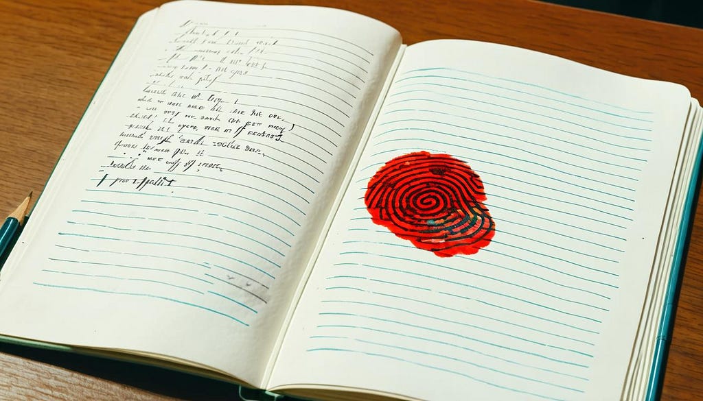 Open notebook with bloody thumbprint