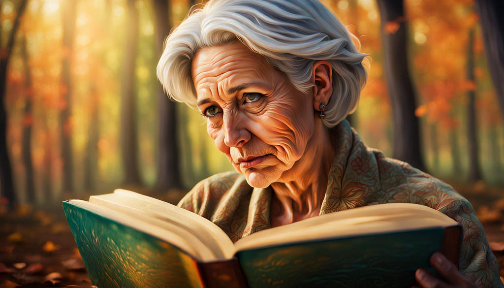 Older woman reding book, in woodland