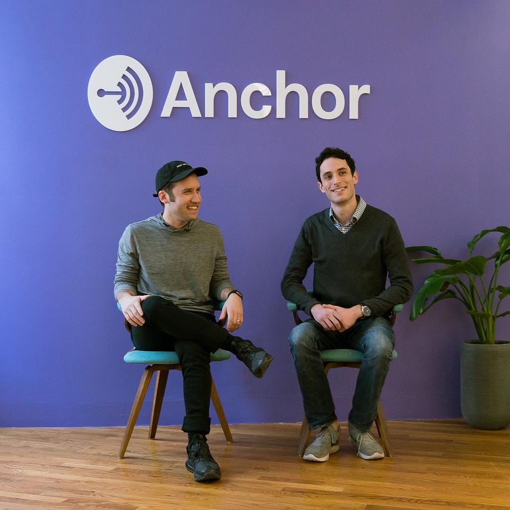 A photo of the co-founders of Anchor, the world’s largest podcasting platform. On the left is Michael Mignano, CEO of Anchor, and on the right is Nir Zicherman, CTO of Anchor. The photo was taken sometime around 2018 in the former Anchor office before the company was acquired by Spotify.