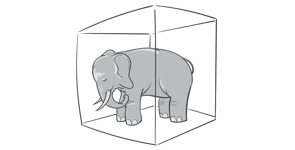 Drawing of an elephant inside a transparent box.