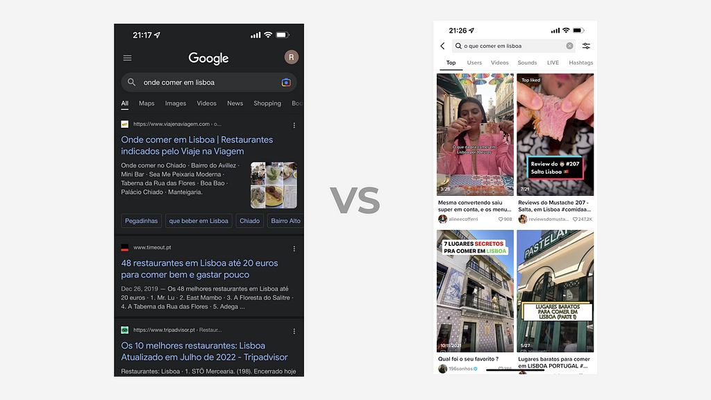 On the left google screenshot and on the right tiktok for “What to eat on lisboa”