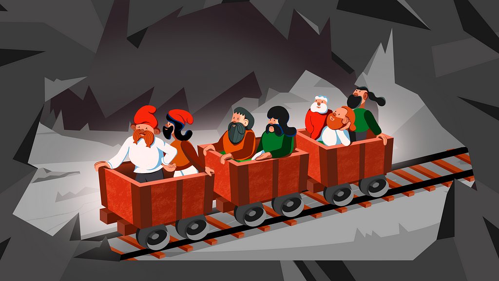 Dwarves take their guests in red wagons through a gray dungeon.
