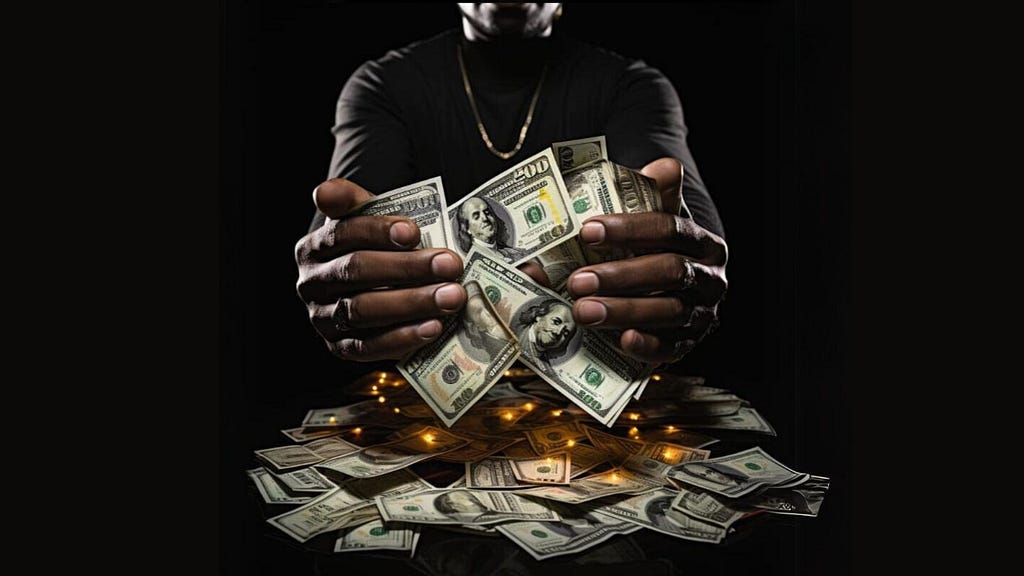 A man holding lots of money in his hands , standing in black background