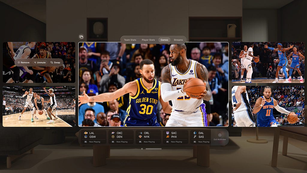 A photo illustration of Apple Vision Pro app experiences: NBA video Multiview