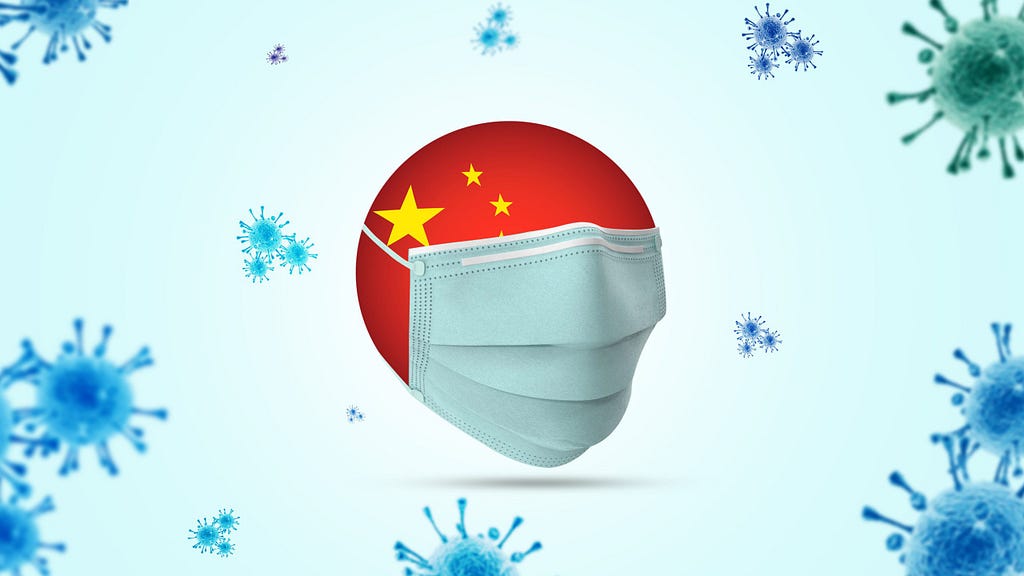 China is portrayed as a globe with a mask with the background image of coronavirus.