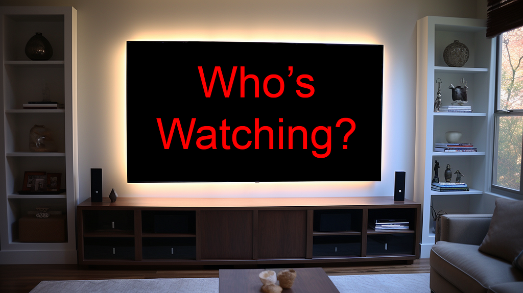 Front view of large flatscreen television in living room with the words “Who’s Watching?” displayed on the screen