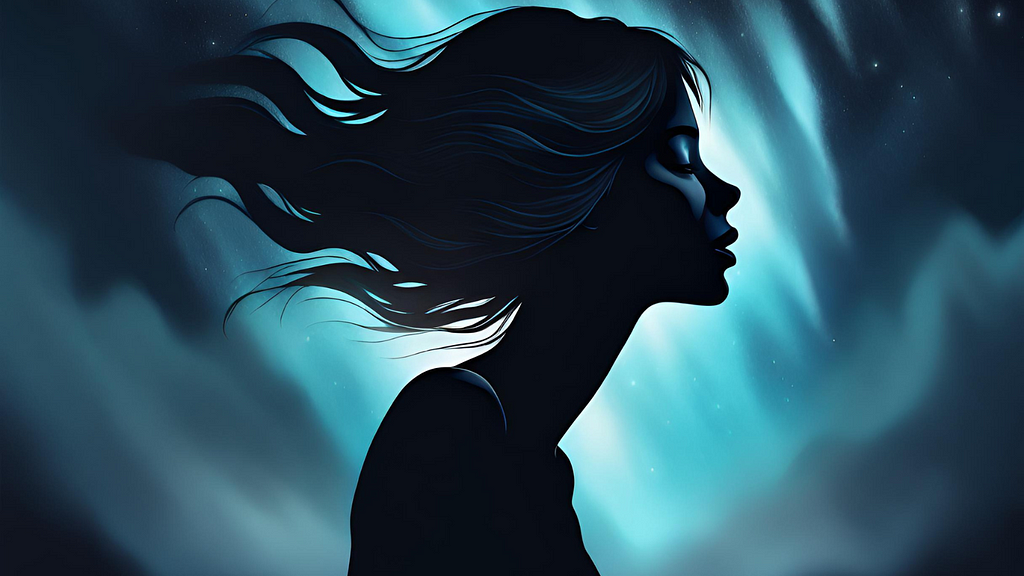 black silhouette of woman against a dark blue night sky