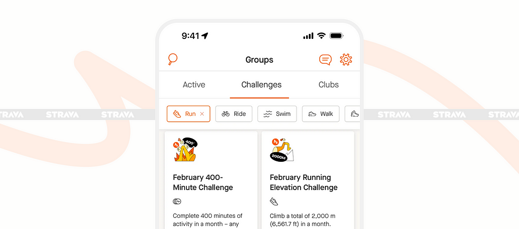 A mockup of the Strava app, showing the monthly challenge screen. There are 2 challenges in view and a bright orange background.