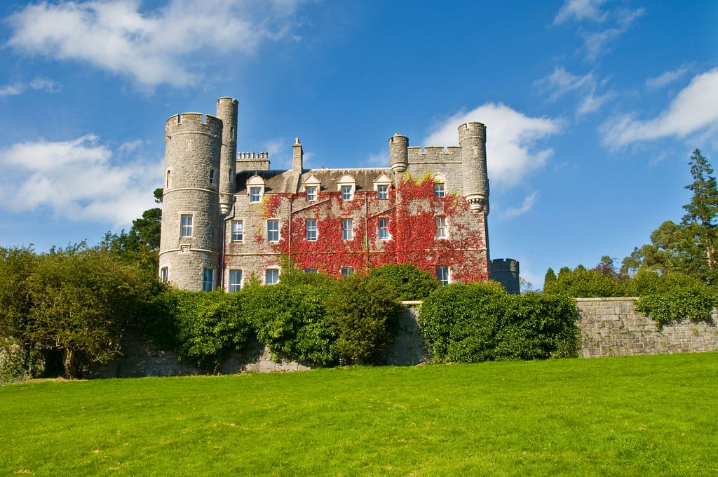 Castlewellan covered in red moss with green grass and shrubs in front of a low brick wall.